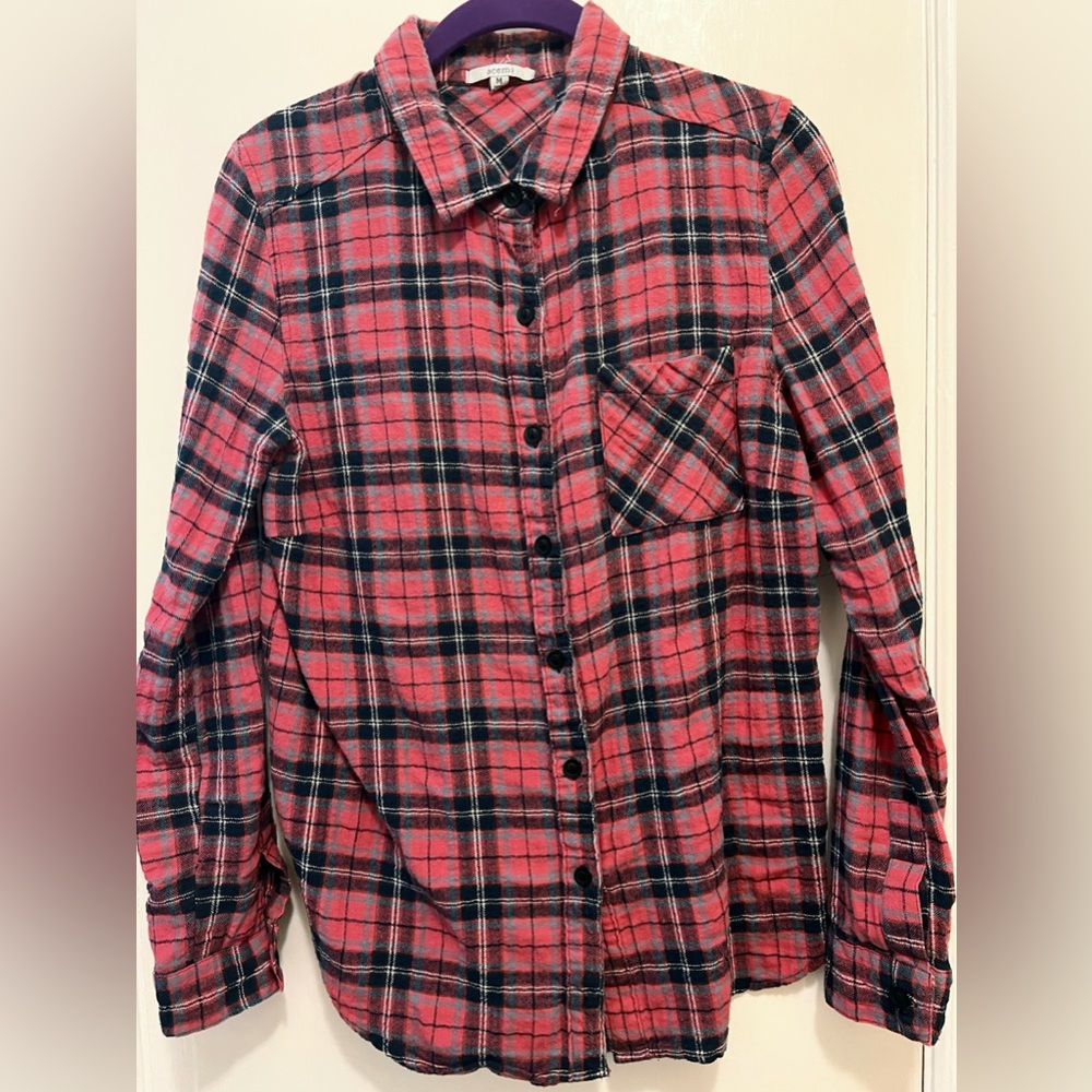 Acemi - Pink & Navy Plaid Flannel Shirt (EUC) Medium